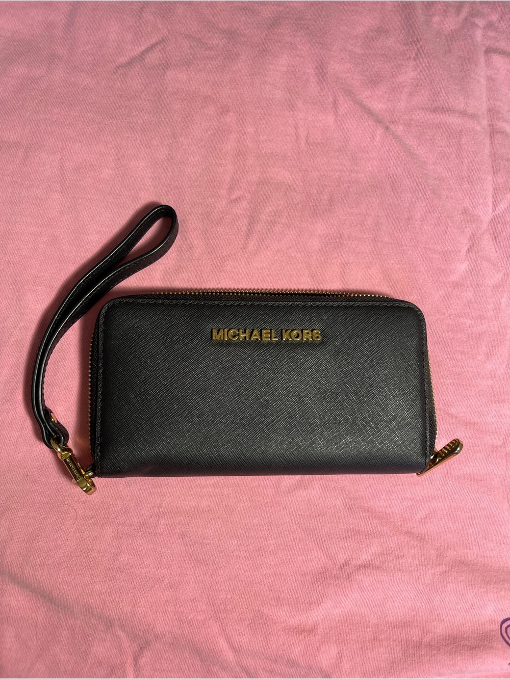 Michael Kors Black Leather Wristlet with Gold Logo